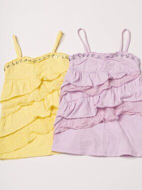 Y2K Vintage Justice Set of 2 Sequin Trim Girls Tanks Ruffle Frilly Purple Yellow